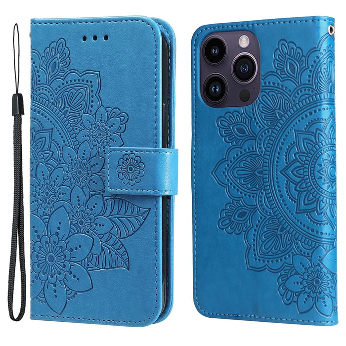 For iPhone 15 Pro Case Floral Pattern PU Leather Wallet Stand Phone Cover - Blue - 1