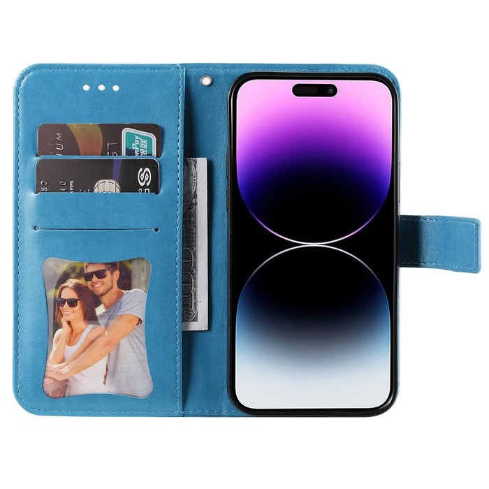 For iPhone 15 Pro Case Floral Pattern PU Leather Wallet Stand Phone Cover - Blue - 2