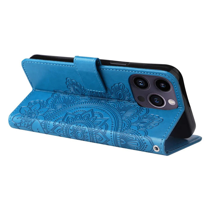 For iPhone 15 Pro Case Floral Pattern PU Leather Wallet Stand Phone Cover - Blue - 4