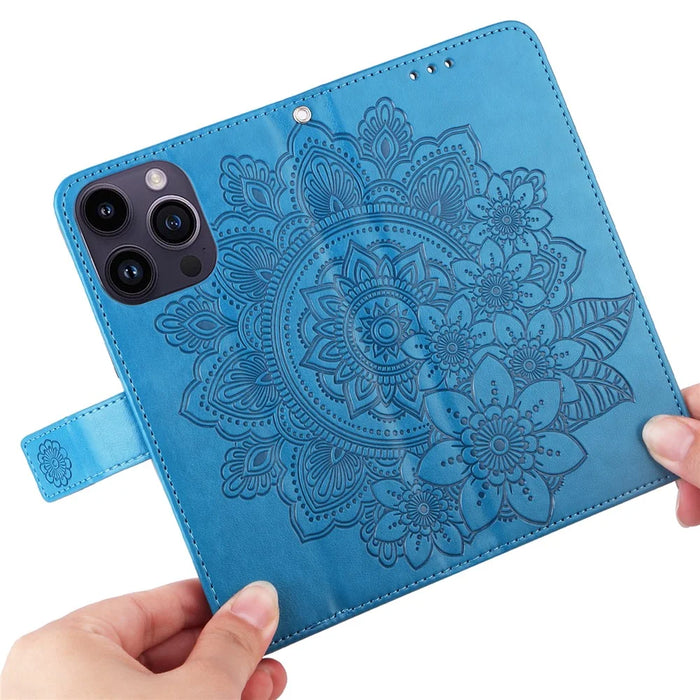 For iPhone 15 Pro Case Floral Pattern PU Leather Wallet Stand Phone Cover - Blue - 5