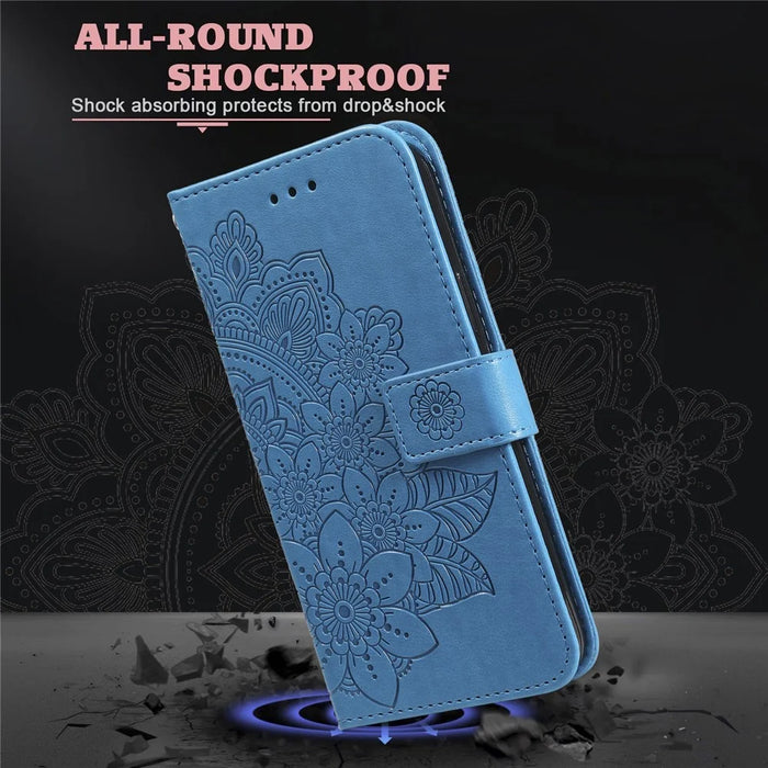 For iPhone 15 Pro Case Floral Pattern PU Leather Wallet Stand Phone Cover - Blue - 7