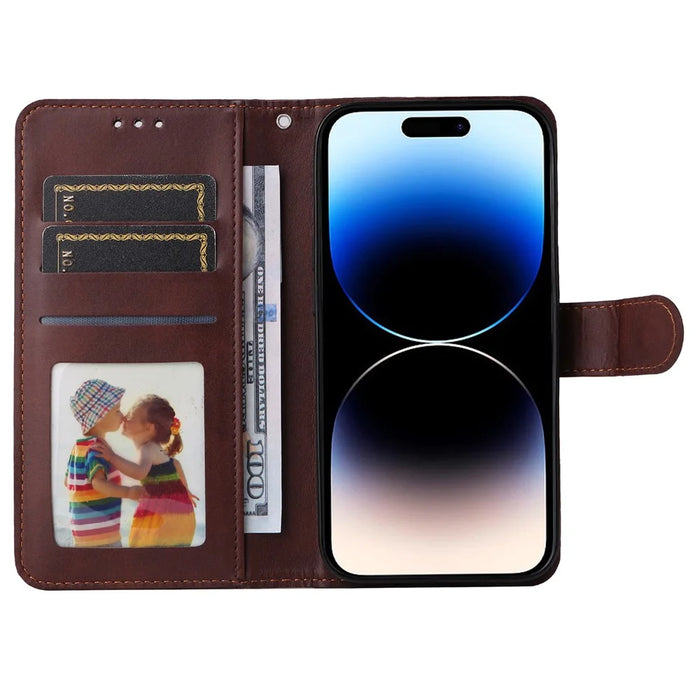 For iPhone 15 Pro Wallet Phone Case Anti-Scratch PU Leather Calf Texture Flip Stand Phone Shell Cover - Brown - 2
