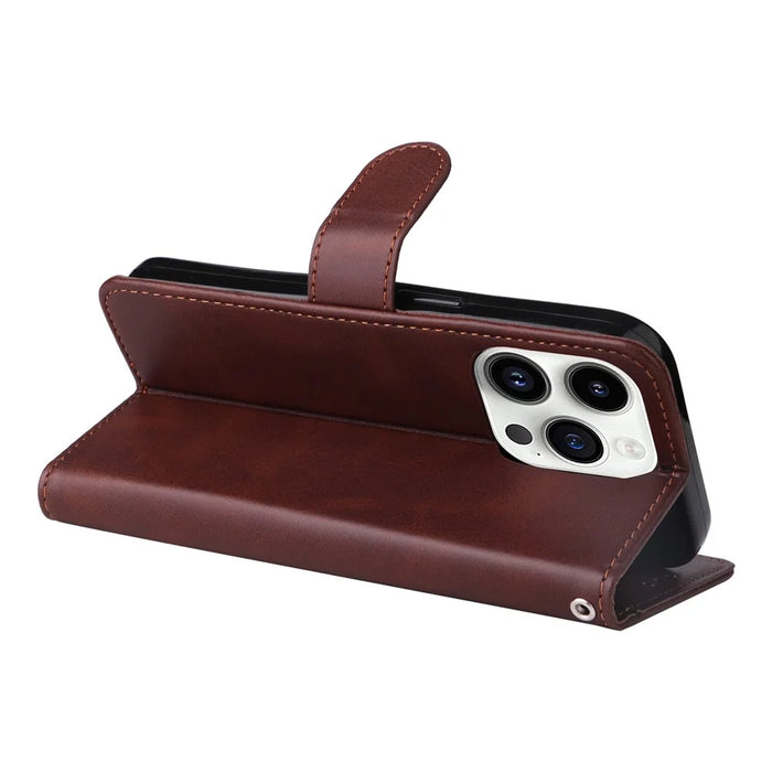 For iPhone 15 Pro Wallet Phone Case Anti-Scratch PU Leather Calf Texture Flip Stand Phone Shell Cover - Brown - 4