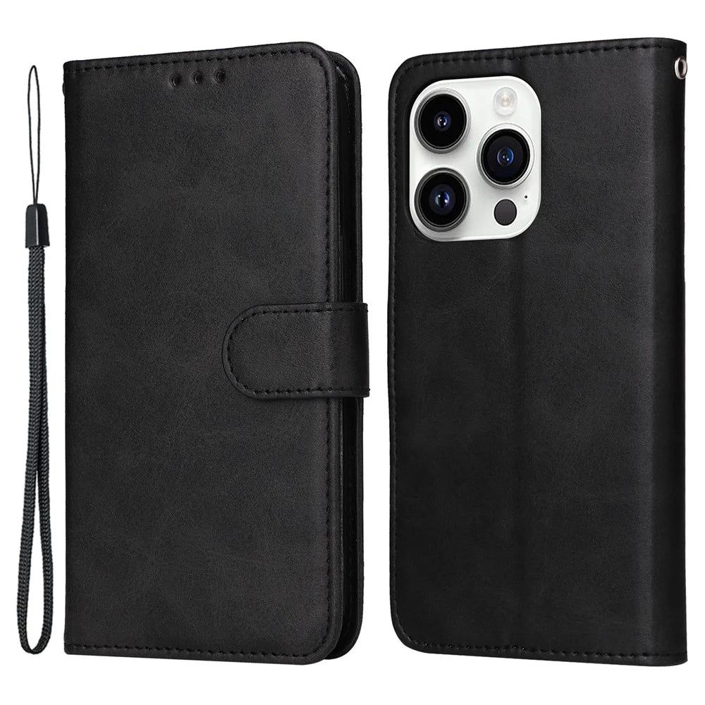 For iPhone 15 Pro Max Shockproof  Calf Texture Flip Shell PU Leather Wallet Phone Case Stand Cover - Black - 1