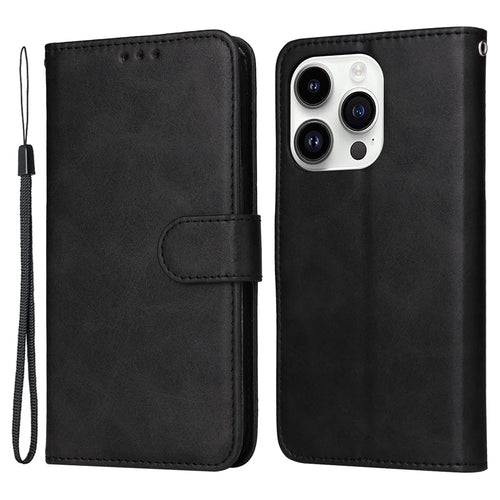 For iPhone 15 Pro Max Shockproof  Calf Texture Flip Shell PU Leather Wallet Phone Case Stand Cover - Black - 1