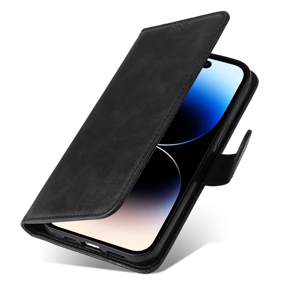 For iPhone 15 Pro Max Shockproof  Calf Texture Flip Shell PU Leather Wallet Phone Case Stand Cover - Black - 5