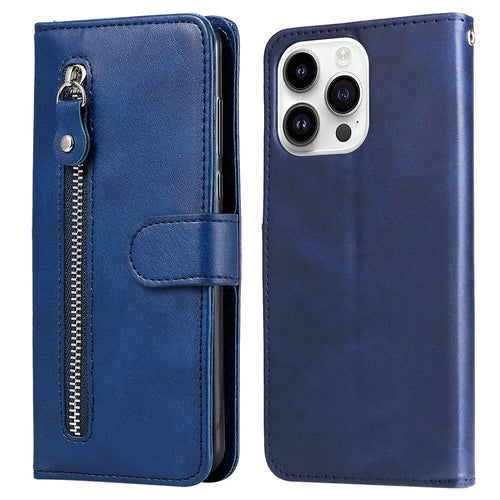 For iPhone 15 Pro Calf Texture Phone Case Zipper Pocket Wallet Foldable Stand Anti-Scratch Cell Phone Cover - Blue - 1