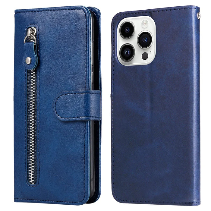 For iPhone 15 Pro Calf Texture Phone Case Zipper Pocket Wallet Foldable Stand Anti-Scratch Cell Phone Cover - Blue - 1