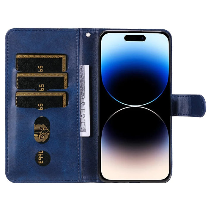 For iPhone 15 Pro Calf Texture Phone Case Zipper Pocket Wallet Foldable Stand Anti-Scratch Cell Phone Cover - Blue - 2