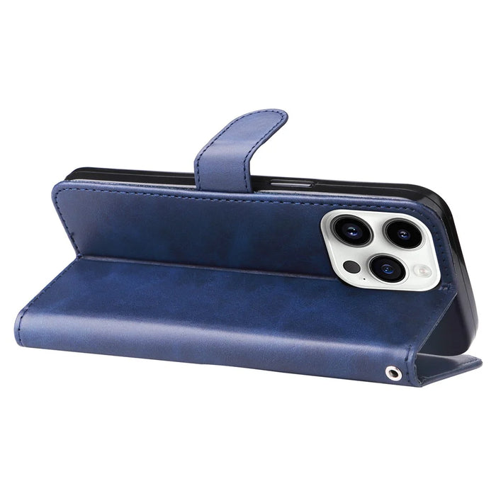 For iPhone 15 Pro Calf Texture Phone Case Zipper Pocket Wallet Foldable Stand Anti-Scratch Cell Phone Cover - Blue - 4