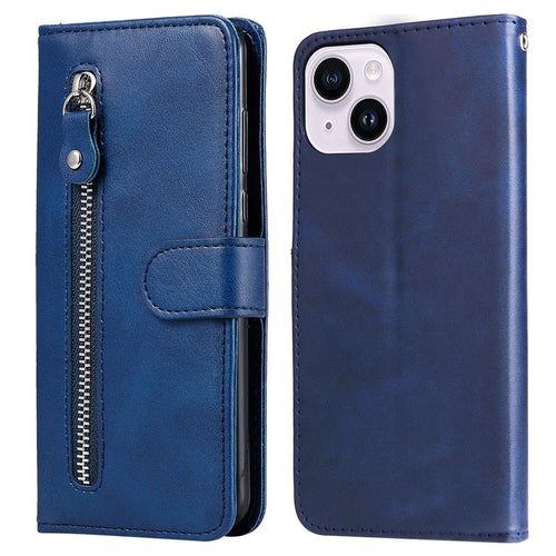 Wallet Foldable Stand Cover For iPhone 15 Plus Anti-Scratch Calf Texture Phone Case Zipper Pocket Phone Shell - Blue - 1