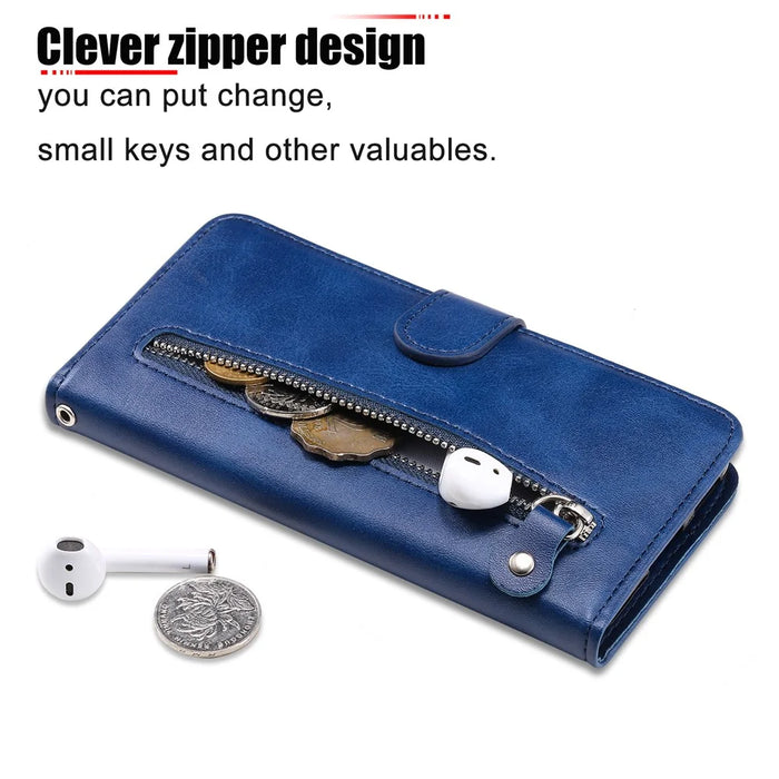 Wallet Foldable Stand Cover For iPhone 15 Plus Anti-Scratch Calf Texture Phone Case Zipper Pocket Phone Shell - Blue - 5