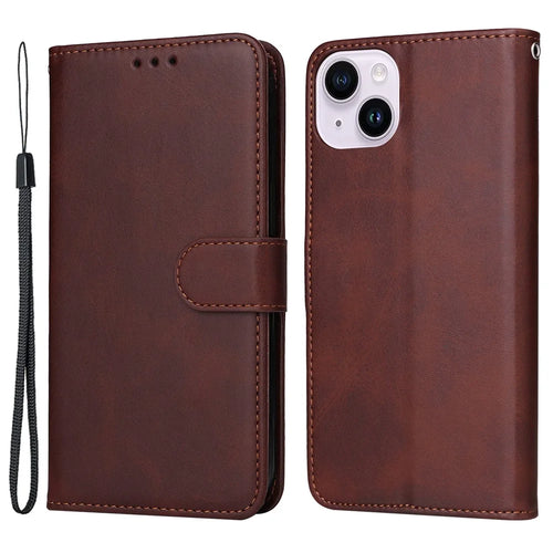 For iPhone 15 Plus Wallet Phone Case Calf Texture Anti-Scratch PU Leather Smartphone Shell Flip Stand Cover - Brown - 1