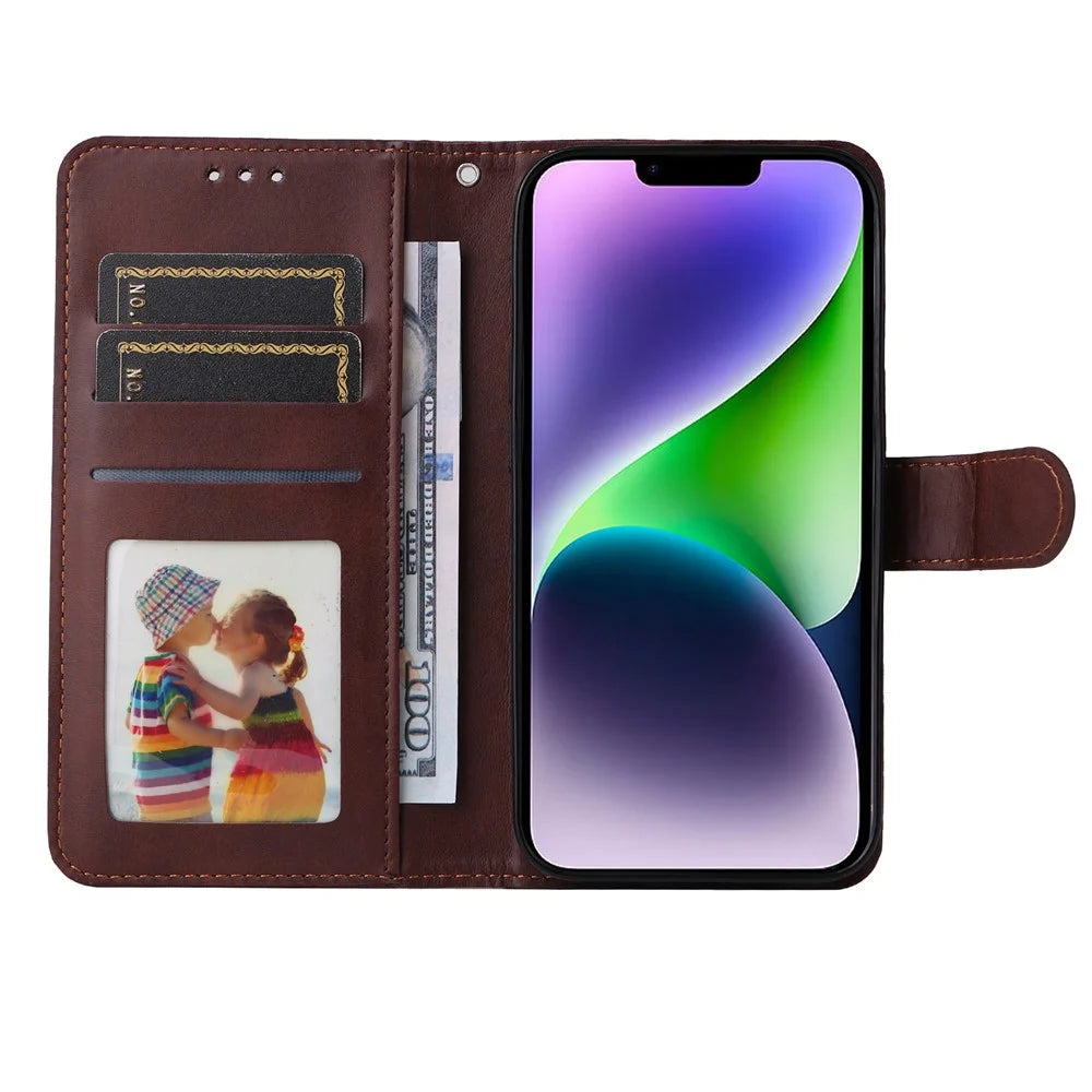 For iPhone 15 Plus Wallet Phone Case Calf Texture Anti-Scratch PU Leather Smartphone Shell Flip Stand Cover - Brown - 2