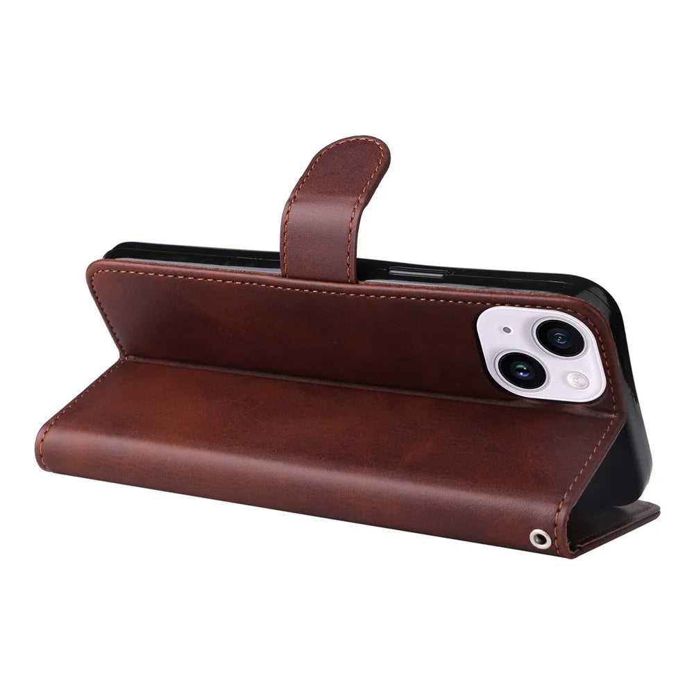 For iPhone 15 Plus Wallet Phone Case Calf Texture Anti-Scratch PU Leather Smartphone Shell Flip Stand Cover - Brown - 4
