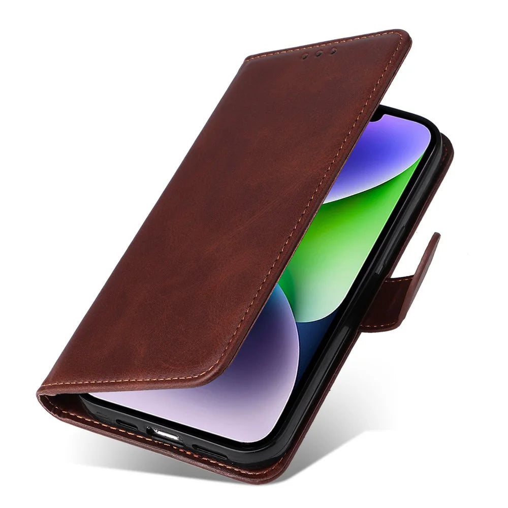 For iPhone 15 Plus Wallet Phone Case Calf Texture Anti-Scratch PU Leather Smartphone Shell Flip Stand Cover - Brown - 5