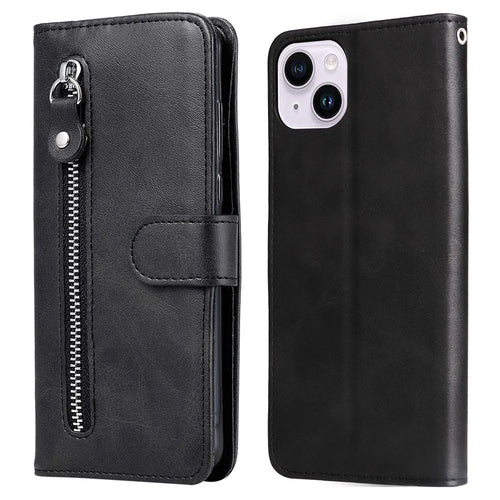 For iPhone 15 Anti-Scratch Calf Texture Phone Case Wallet Foldable Stand Cover with Zipper Pocket - Black - 1