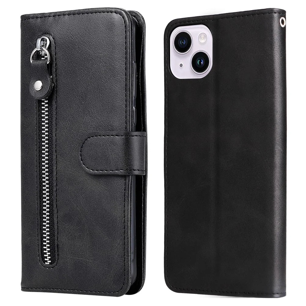 For iPhone 15 Anti-Scratch Calf Texture Phone Case Wallet Foldable Stand Cover with Zipper Pocket - Black - 1