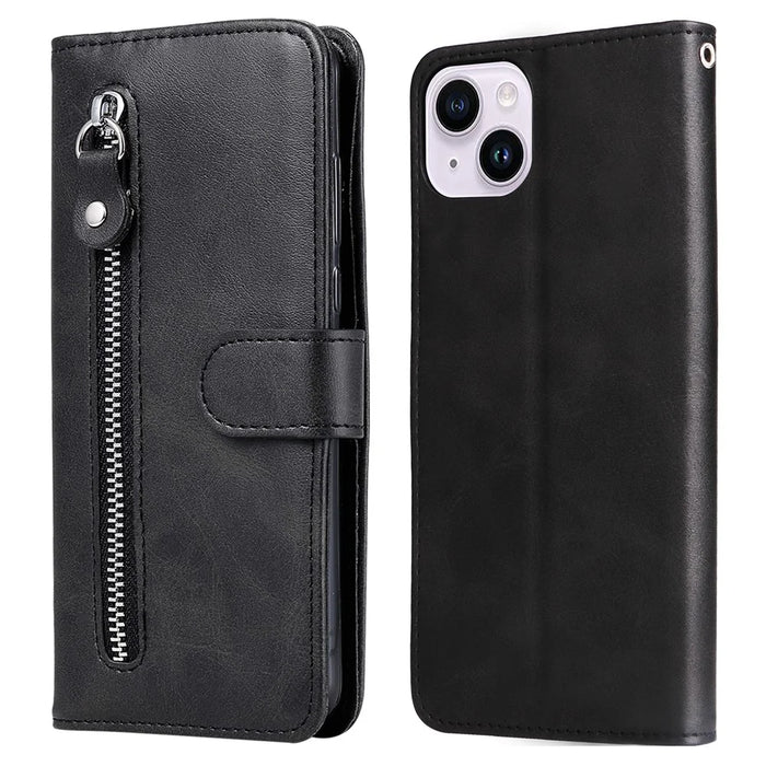 For iPhone 15 Anti-Scratch Calf Texture Phone Case Wallet Foldable Stand Cover with Zipper Pocket - Black - 1