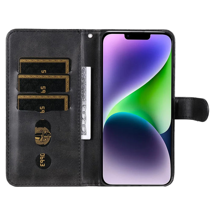 For iPhone 15 Anti-Scratch Calf Texture Phone Case Wallet Foldable Stand Cover with Zipper Pocket - Black - 2