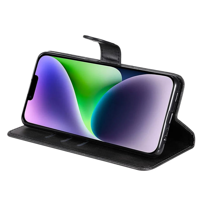 For iPhone 15 Anti-Scratch Calf Texture Phone Case Wallet Foldable Stand Cover with Zipper Pocket - Black - 3