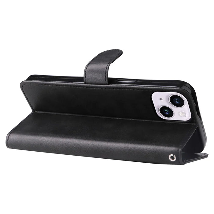 For iPhone 15 Anti-Scratch Calf Texture Phone Case Wallet Foldable Stand Cover with Zipper Pocket - Black - 4