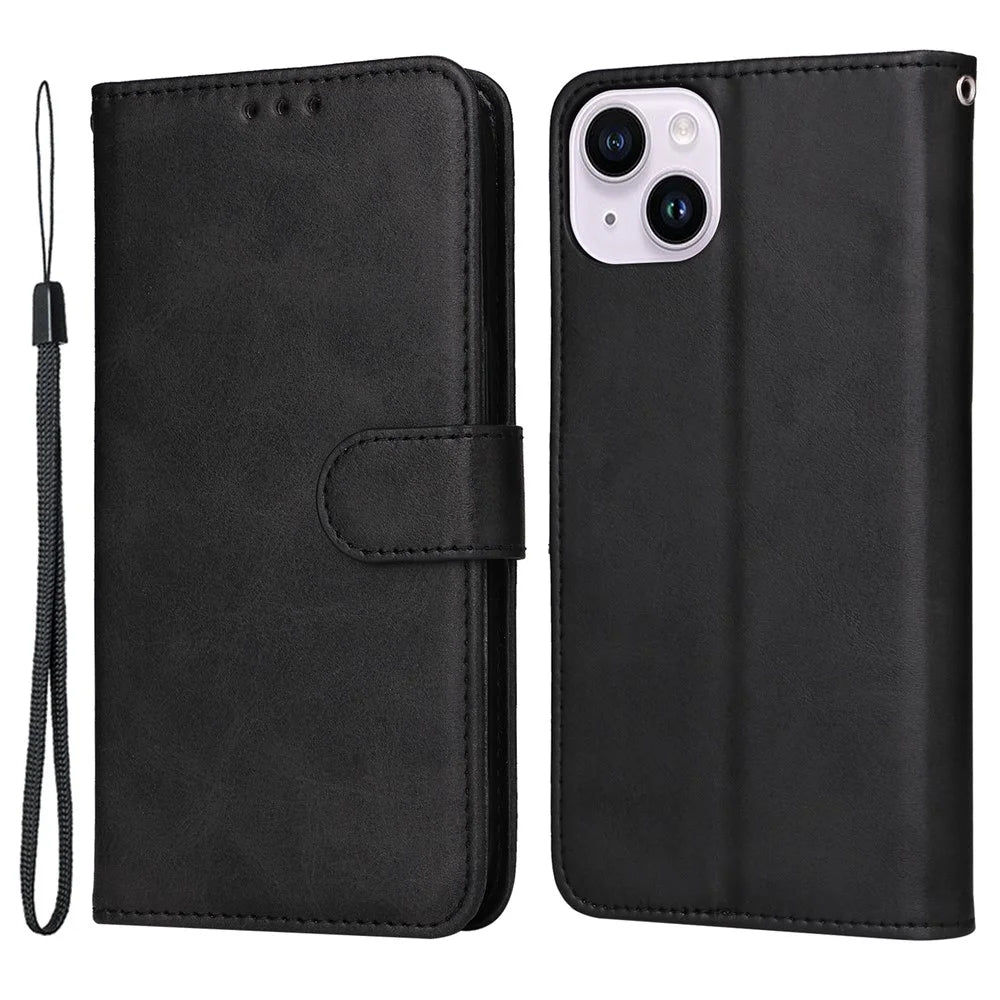 For iPhone 15 Anti-Scratch PU Leather Wallet Phone Case Calf Texture Flip Stand Cover - Black - 1