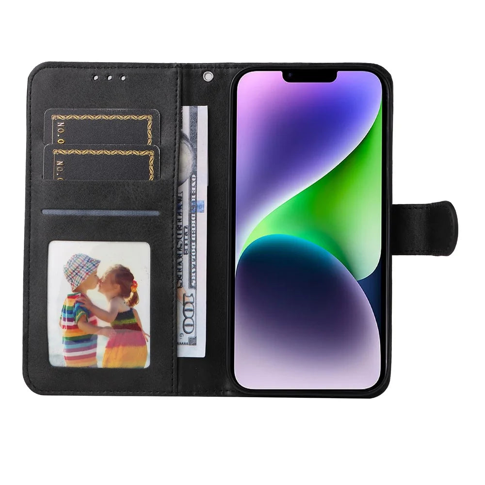 For iPhone 15 Anti-Scratch PU Leather Wallet Phone Case Calf Texture Flip Stand Cover - Black - 2