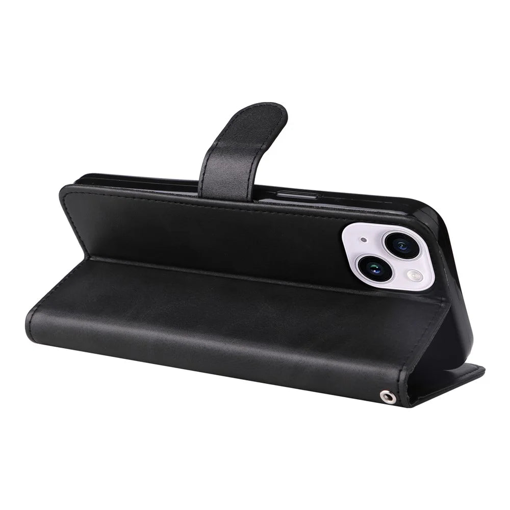 For iPhone 15 Anti-Scratch PU Leather Wallet Phone Case Calf Texture Flip Stand Cover - Black - 4
