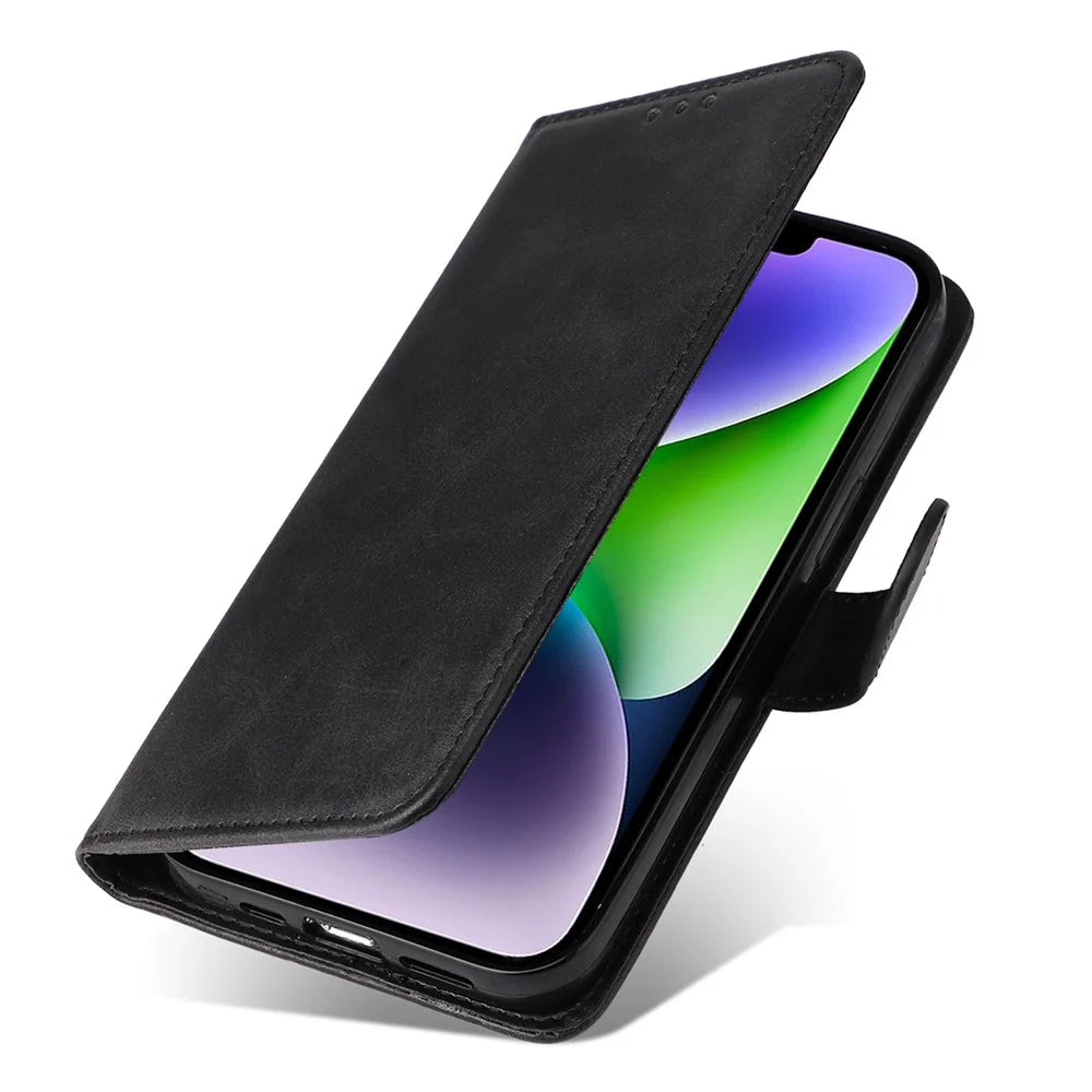For iPhone 15 Anti-Scratch PU Leather Wallet Phone Case Calf Texture Flip Stand Cover - Black - 5