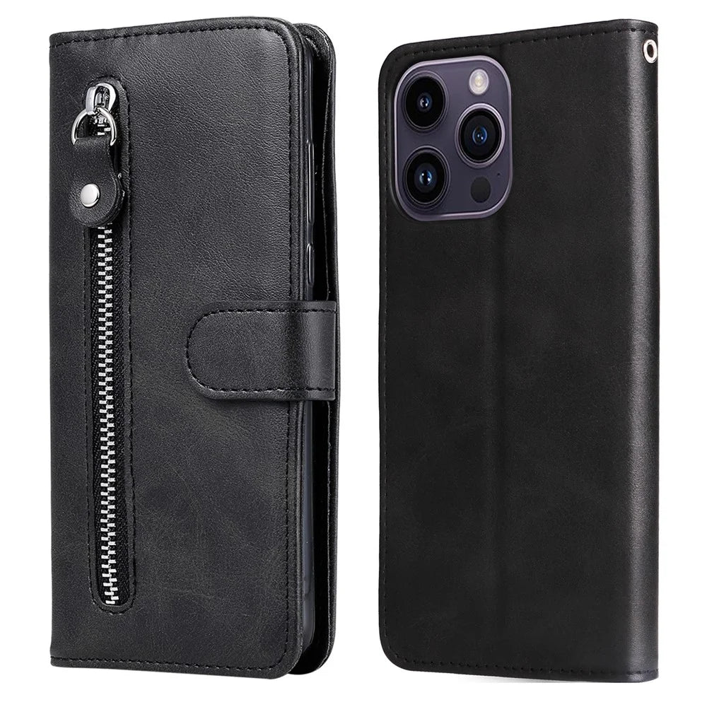 For iPhone 15 Pro Max Anti-Scratch Calf Texture Phone Case Zipper Pocket Wallet Foldable Stand Cover - Black - 1