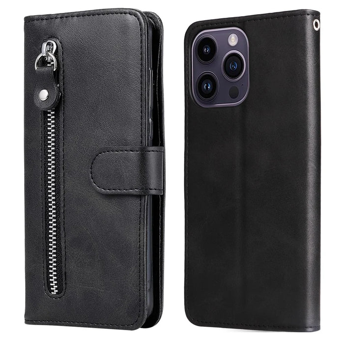 For iPhone 15 Pro Max Anti-Scratch Calf Texture Phone Case Zipper Pocket Wallet Foldable Stand Cover - Black - 1