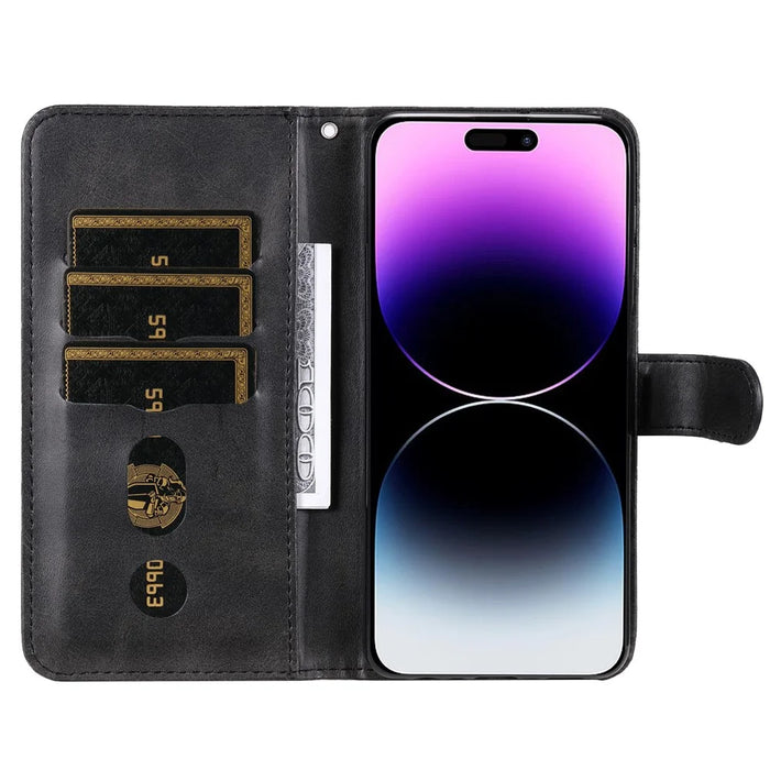 For iPhone 15 Pro Max Anti-Scratch Calf Texture Phone Case Zipper Pocket Wallet Foldable Stand Cover - Black - 2
