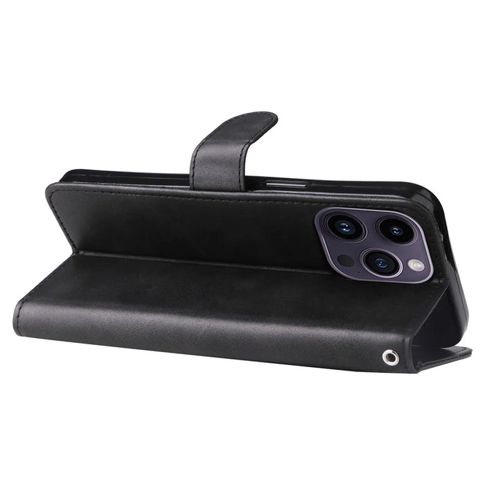 For iPhone 15 Pro Max Anti-Scratch Calf Texture Phone Case Zipper Pocket Wallet Foldable Stand Cover - Black - 4