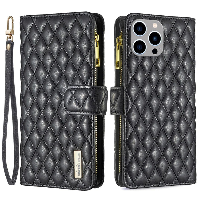 BINFEN COLOR BF Style-15 For iPhone 15 Pro Max Wallet Phone Stand Shell Flip Case Zipper Pocket Leather Cover - Black - 1
