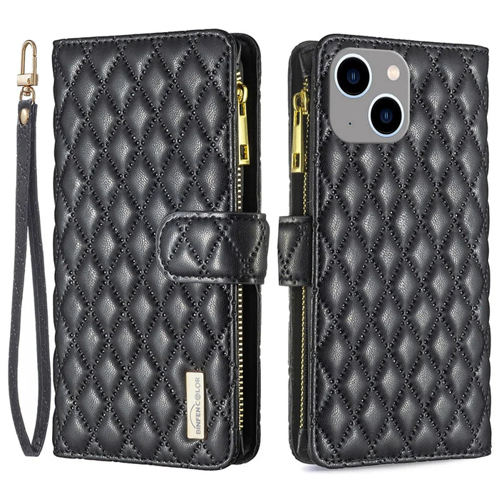BINFEN COLOR BF Style-15 For iPhone 15 Plus Flip Case Zipper Pocket Wallet Phone Stand Shell PU Leather Cover - Black - 1