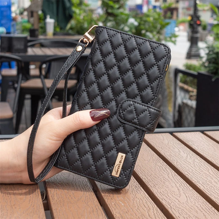 BINFEN COLOR BF Style-15 For iPhone 15 Plus Flip Case Zipper Pocket Wallet Phone Stand Shell PU Leather Cover - Black - 5