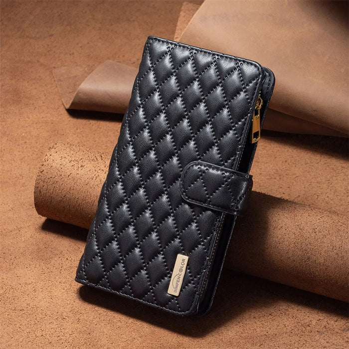 BINFEN COLOR BF Style-15 For iPhone 15 Plus Flip Case Zipper Pocket Wallet Phone Stand Shell PU Leather Cover - Black - 6