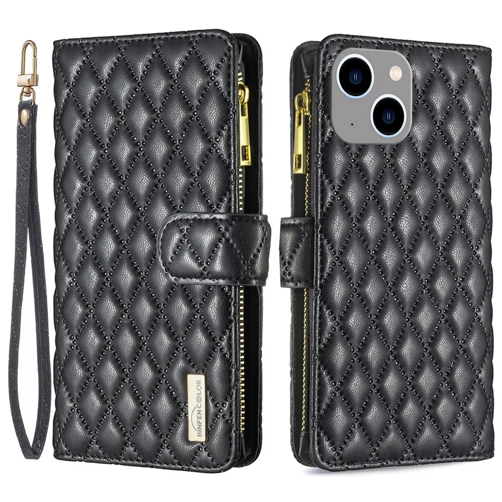 BINFEN COLOR BF Style-15 For iPhone 15 Wallet Phone Stand Shell Flip Case Zipper Pocket Leather Cover - Black - 1