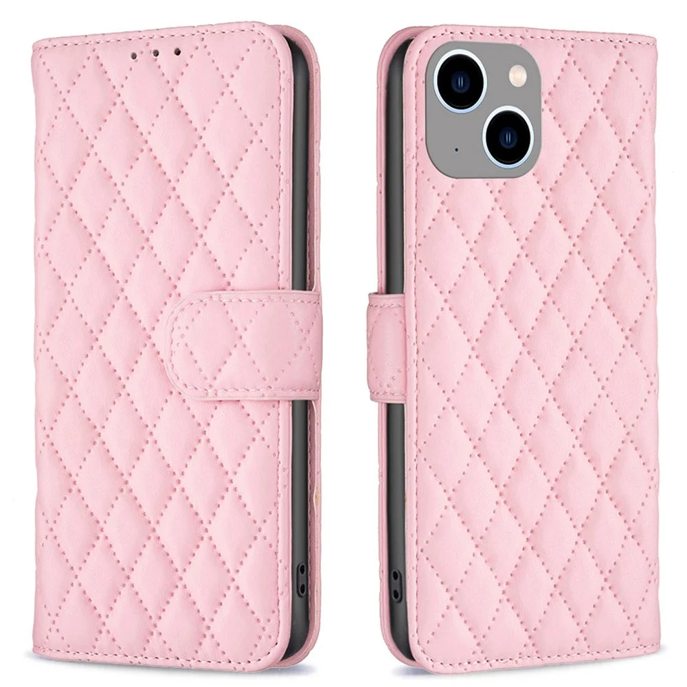 BINFEN COLOR BF Style-14 for iPhone 15 Anti-Scratch Cell Phone Shell Imprinted Stand Leather Wallet Smartphone Cover - Pink - 1