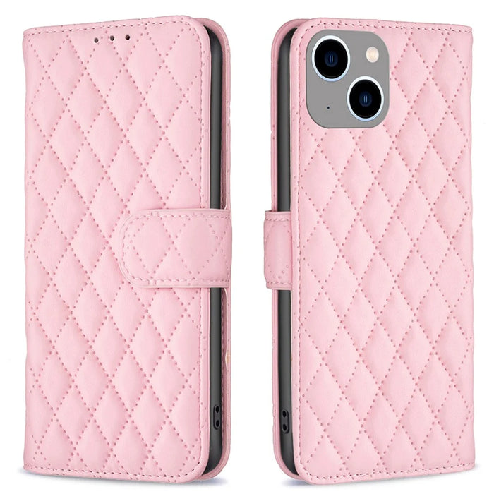 BINFEN COLOR BF Style-14 for iPhone 15 Anti-Scratch Cell Phone Shell Imprinted Stand Leather Wallet Smartphone Cover - Pink - 1