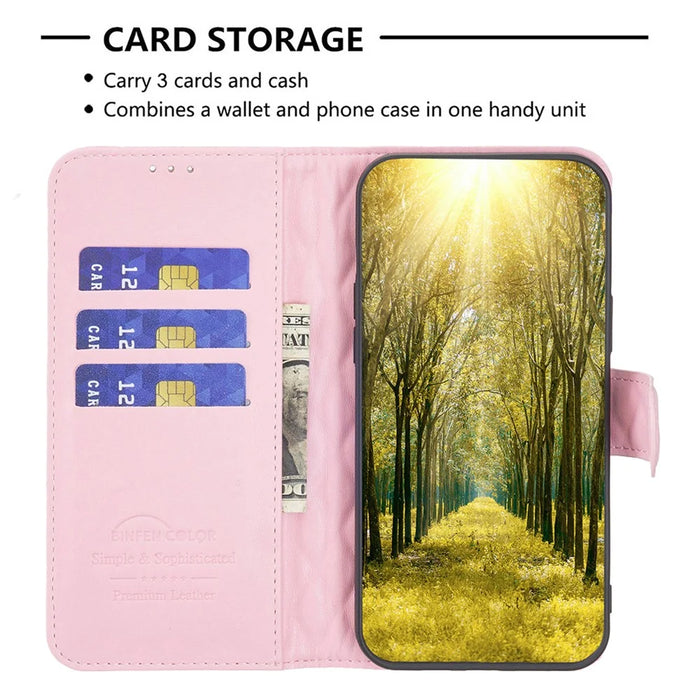 BINFEN COLOR BF Style-14 for iPhone 15 Anti-Scratch Cell Phone Shell Imprinted Stand Leather Wallet Smartphone Cover - Pink - 3