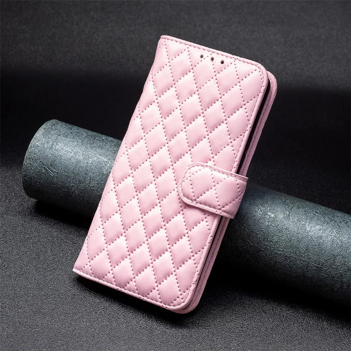 BINFEN COLOR BF Style-14 for iPhone 15 Anti-Scratch Cell Phone Shell Imprinted Stand Leather Wallet Smartphone Cover - Pink - 4