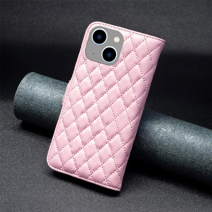 BINFEN COLOR BF Style-14 for iPhone 15 Anti-Scratch Cell Phone Shell Imprinted Stand Leather Wallet Smartphone Cover - Pink - 5