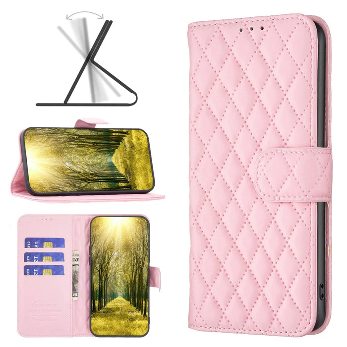 BINFEN COLOR BF Style-14 for iPhone 15 Anti-Scratch Cell Phone Shell Imprinted Stand Leather Wallet Smartphone Cover - Pink - 7