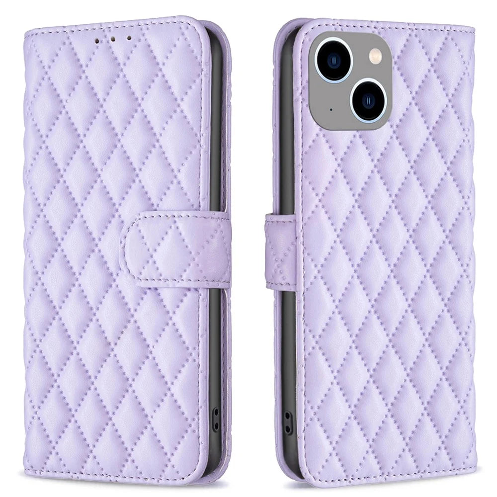 BINFEN COLOR BF Style-14 for iPhone 15 Plus Phone Wallet Shell Imprinted Stand Leather Case Smartphone Cover - Purple - 1
