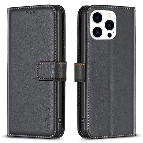 BINFEN COLOR BF17 For iPhone 15 Pro Stand Design Phone Cover Ultra-Light Wallet TPU+PU Leather Phone Case - Black - 1