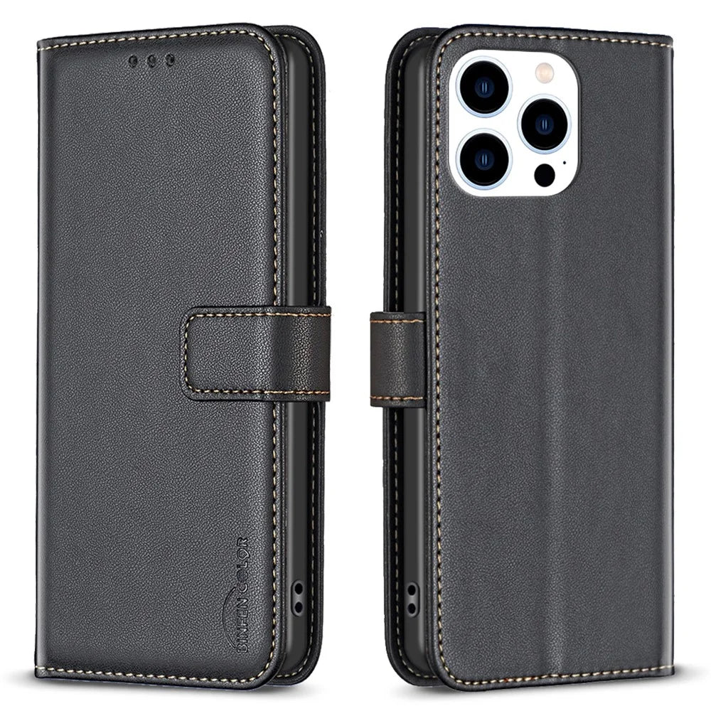 BINFEN COLOR BF17 For iPhone 15 Pro Max Anti-Scratch Wallet Stand Cell Phone Cover TPU+PU Leather Phone Case - Black - 1