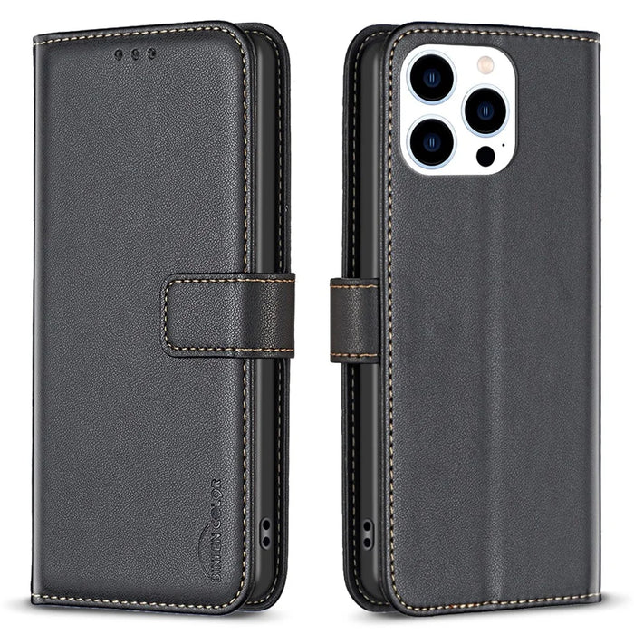 BINFEN COLOR BF17 For iPhone 15 Pro Max Anti-Scratch Wallet Stand Cell Phone Cover TPU+PU Leather Phone Case - Black - 1