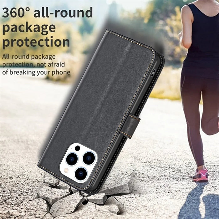 BINFEN COLOR BF17 For iPhone 15 Pro Max Anti-Scratch Wallet Stand Cell Phone Cover TPU+PU Leather Phone Case - Black - 5